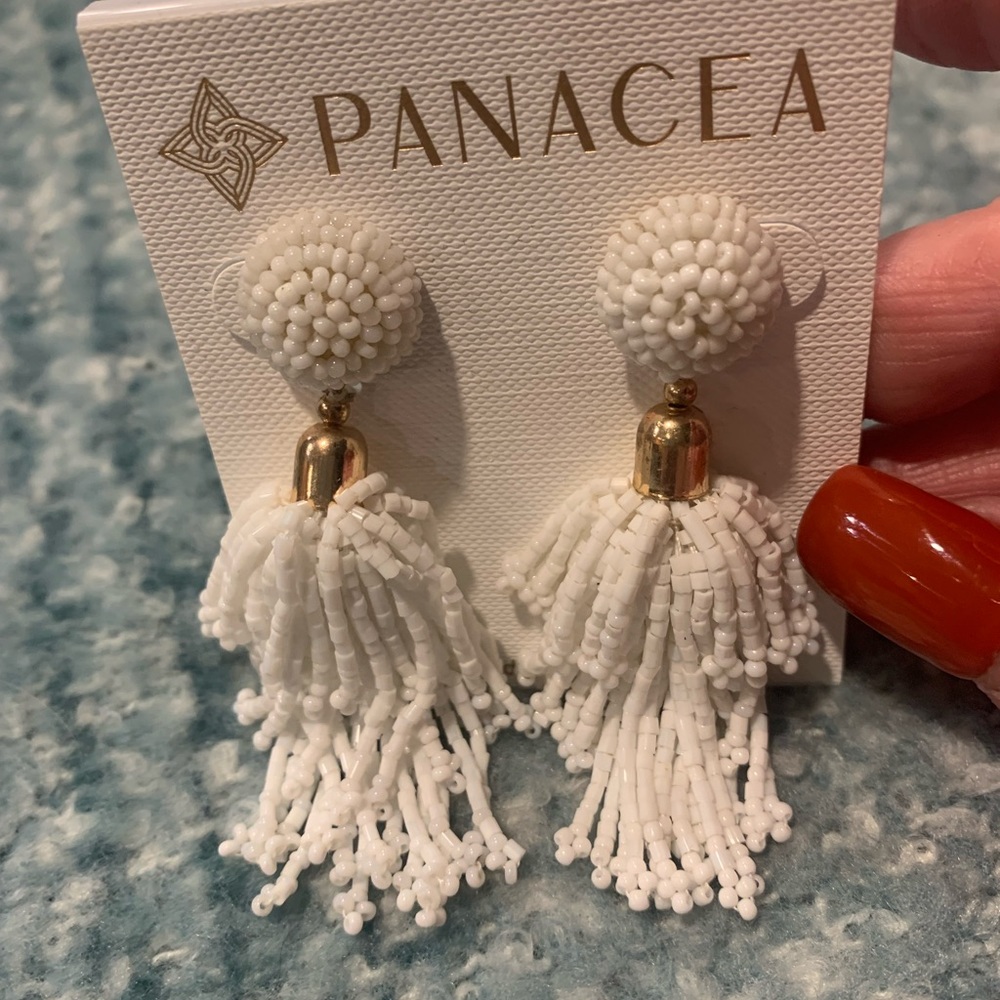 Panacea white beaded tassel earrings.